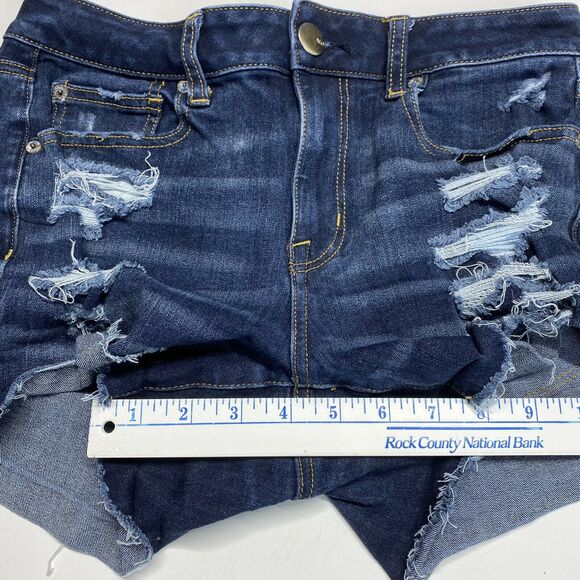 American Eagle Hi-Rise Shortie Sz 6 360 Super Stretch Denim Shorts Holes EUC - Picture 4 of 10